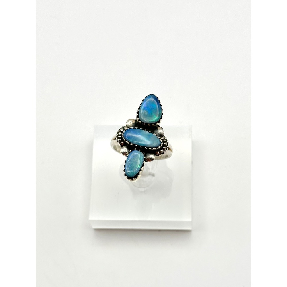 Australian Opal 3 Stone Sterling Silver Handmade Ring‎ Size 8